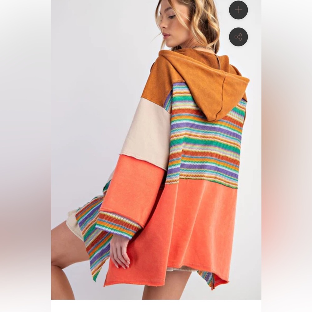 easel Multicolor Striped Hooded Sweatshirt with Tan and Orange Panels - Picture 5 of 7